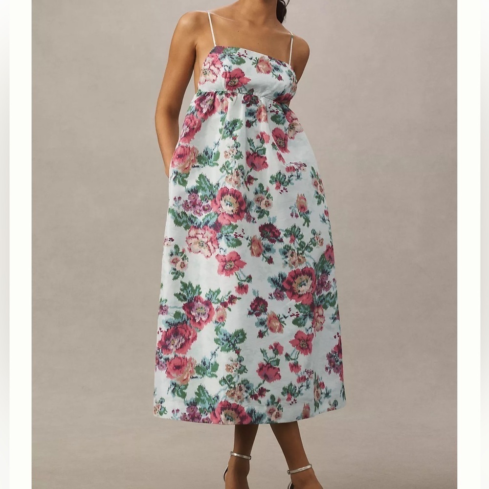 NWT BHLDN Apron-Top Jacquard Midi Dress Floral Spaghetti Strap Dress Size Small‎
